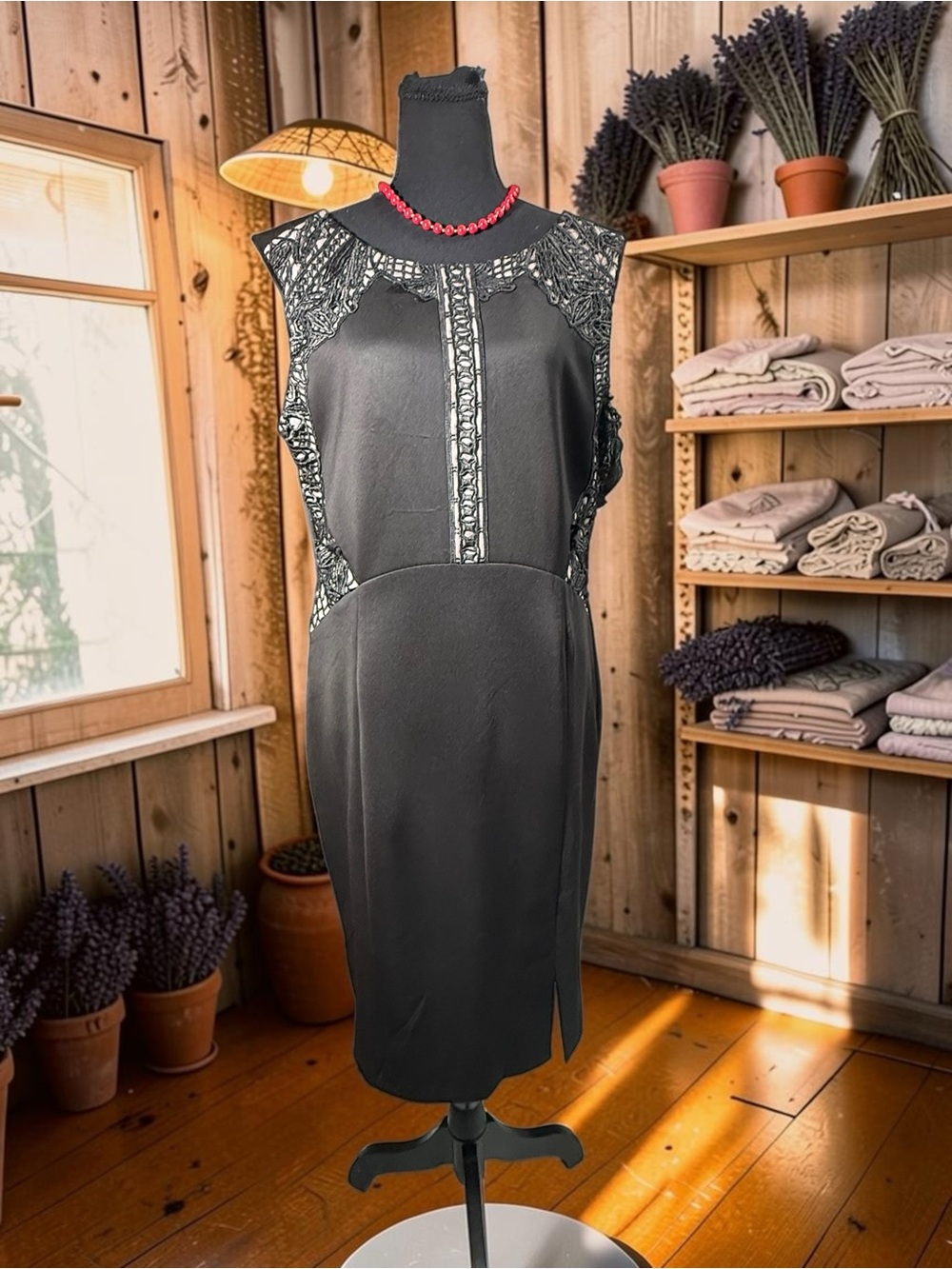 Ivanka Trump Black Sleeveless Midi Dress with Lace Insets